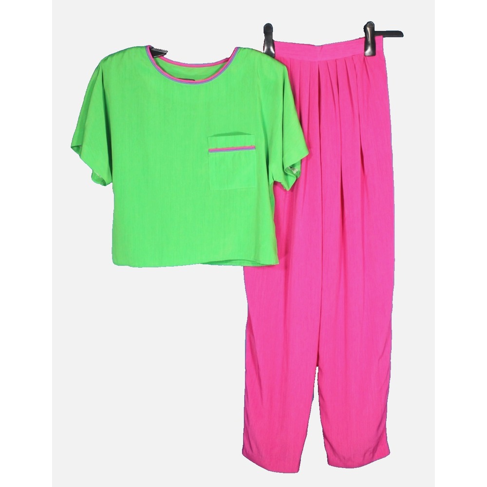 VTG F/STOP 80'S Bold Green/Pink SATIN Pleated & Pockets TOP/PANTS OUTFIT SET S